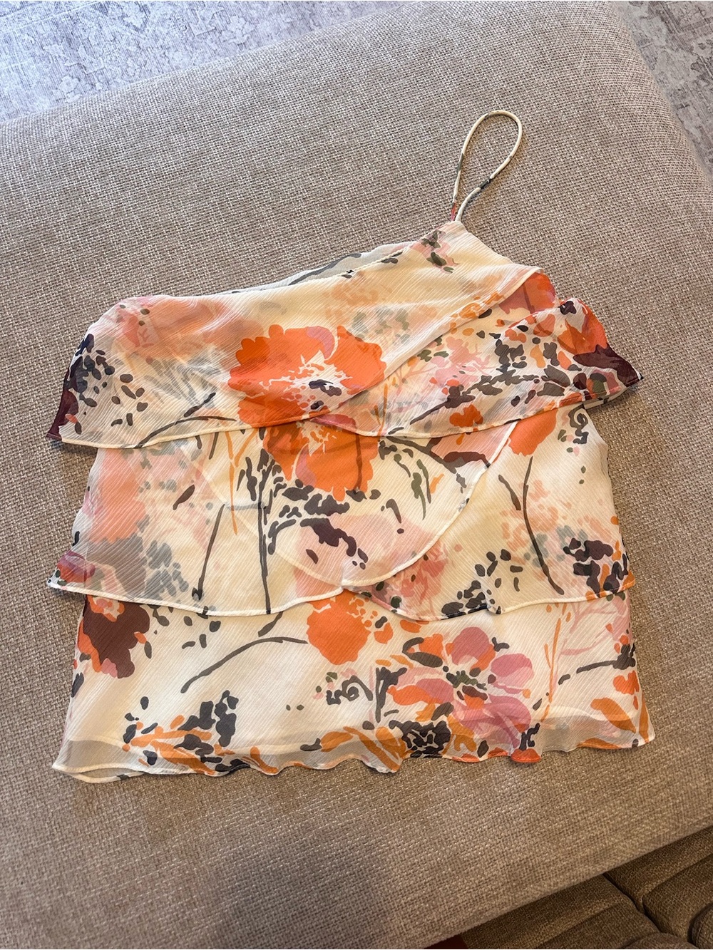 Floral Tiered Ruffle Spaghetti Strap Top - Orange/Pink